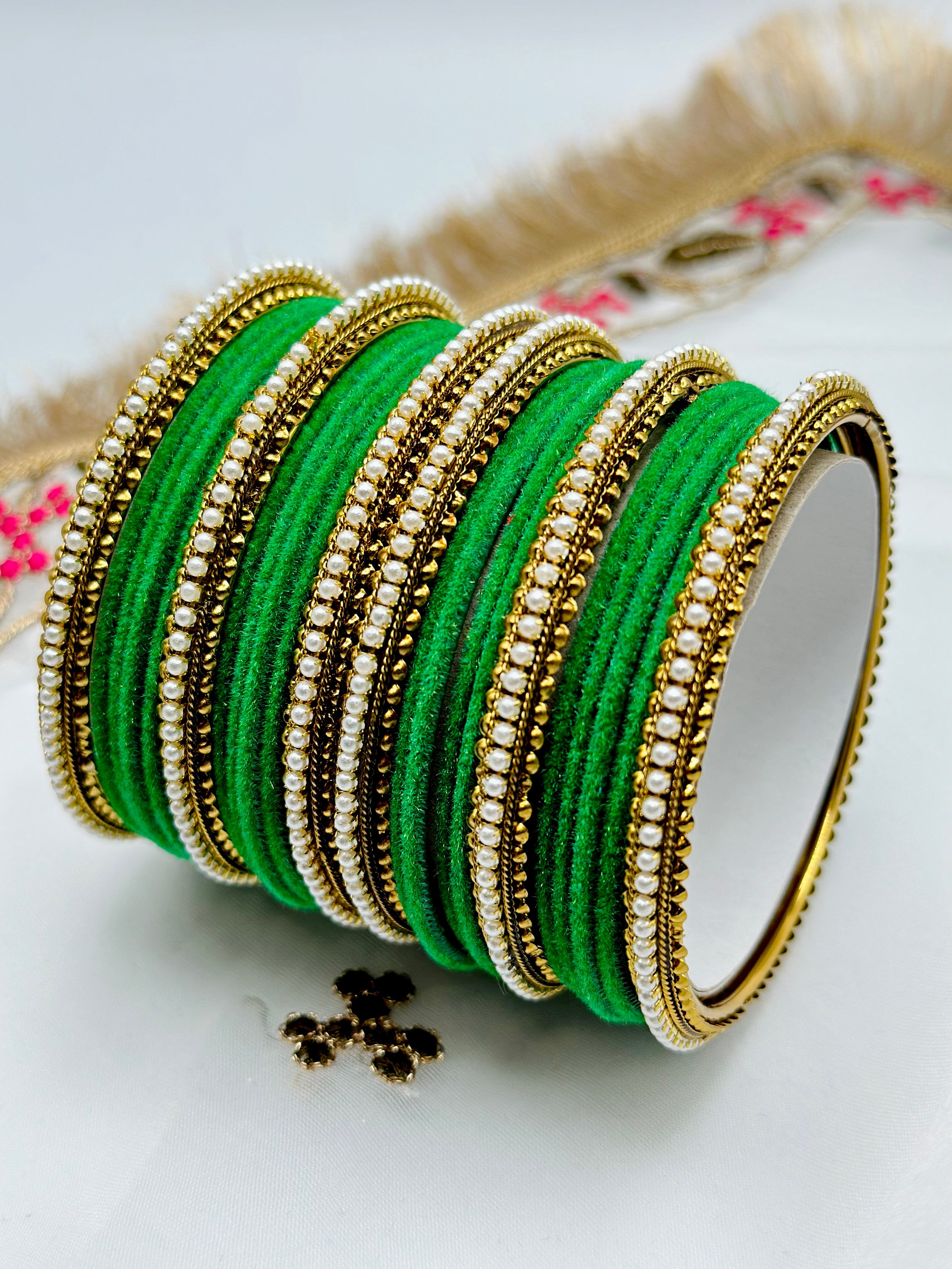 Bottle-Green Velvet Bangles With Kundan Kadhe | Simzdesignzz |