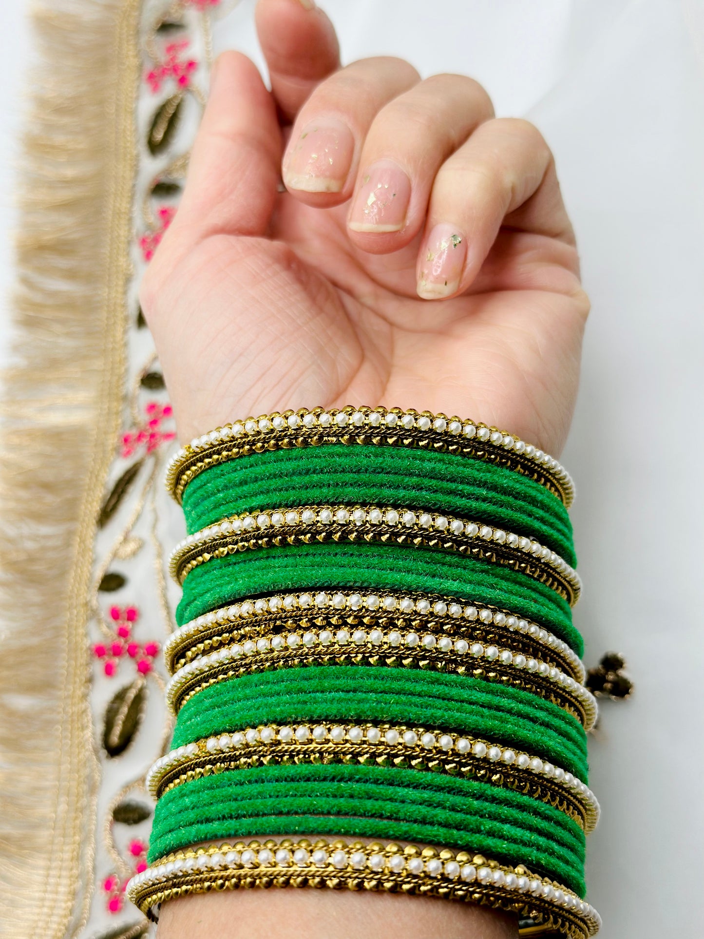 Bottle-Green Velvet Bangles With Kundan Kadhe | Simzdesignzz |