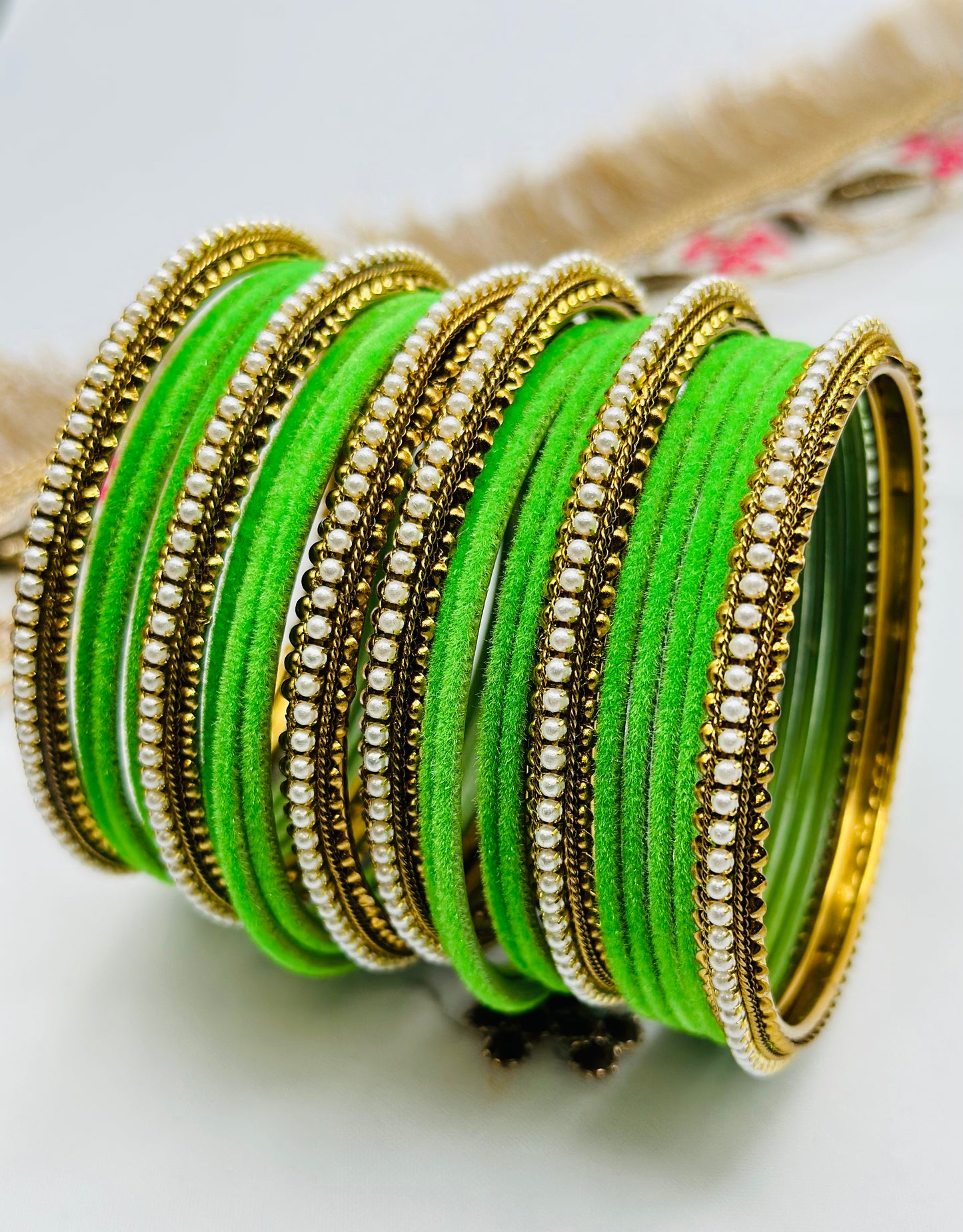 Parrot-Green Velvet Bangles With Kundan Kadhe | Simzdesignzz |