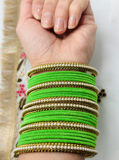 Parrot-Green Velvet Bangles With Kundan Kadhe | Simzdesignzz |