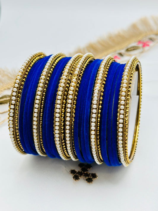 Royal Blue Velvet Bangles With Six Polki Kadha Bangles | Simzdesignzz |