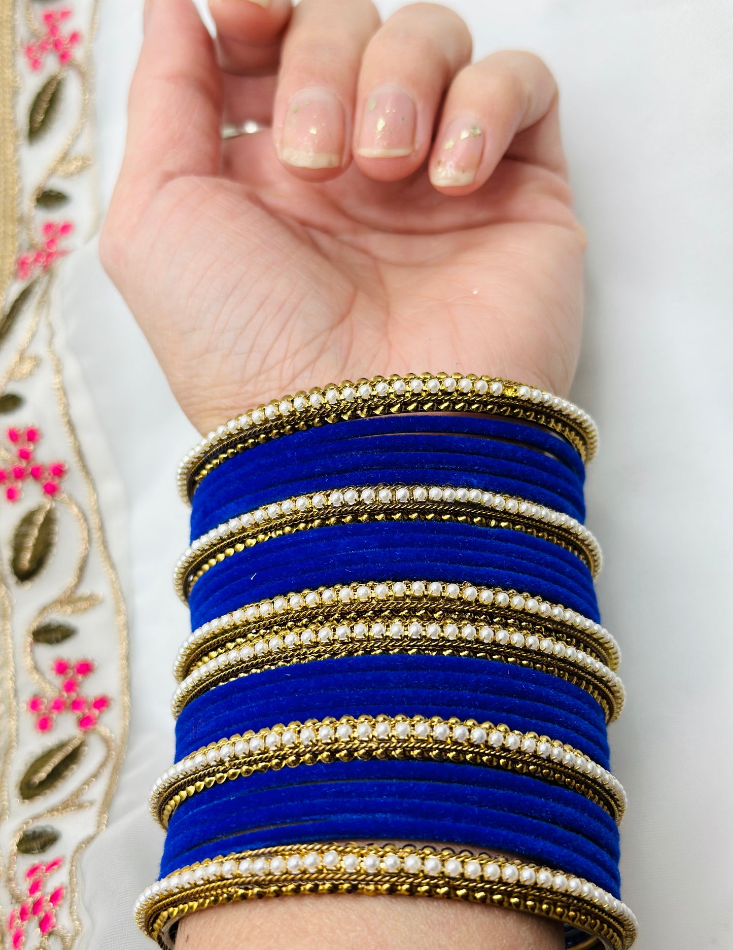 Royal Blue Velvet Bangles With Six Polki Kadha Bangles | Simzdesignzz |