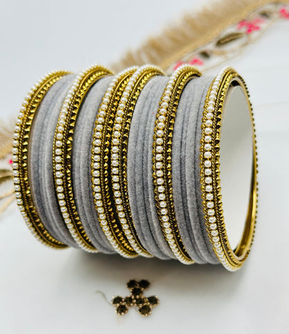 Grey Velvet Bangles With Six Polki Kadha Bangles | Simzdesignzz |