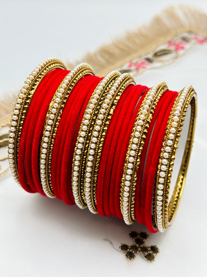 Red Velvet Bangles With Six Polki Kadha Bangles | Simzdesignzz |