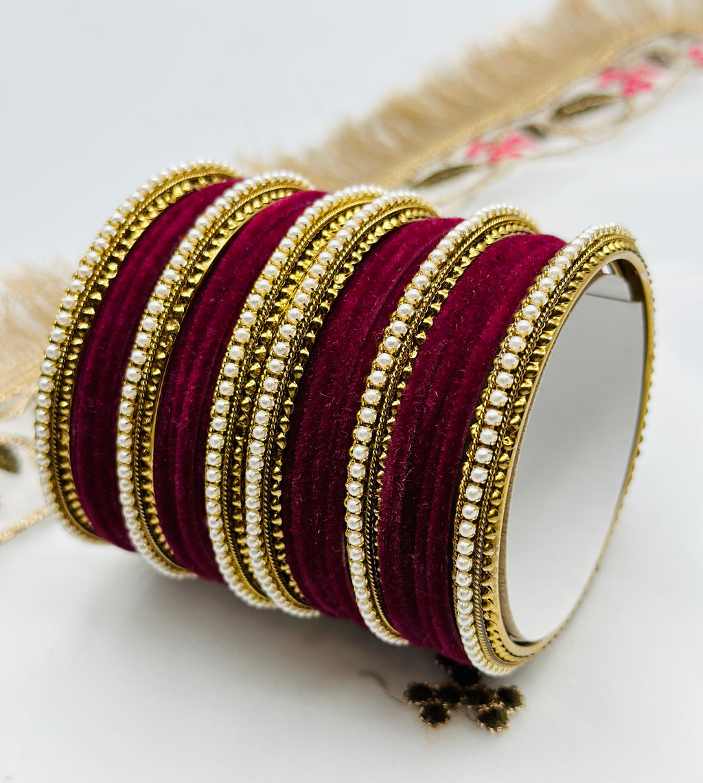 Wine Velvet Bangles With Six Polki Kadha Bangles | Simzdesignzz |