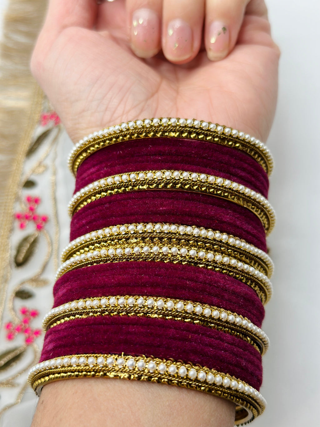 Wine Velvet Bangles With Six Polki Kadha Bangles | Simzdesignzz |