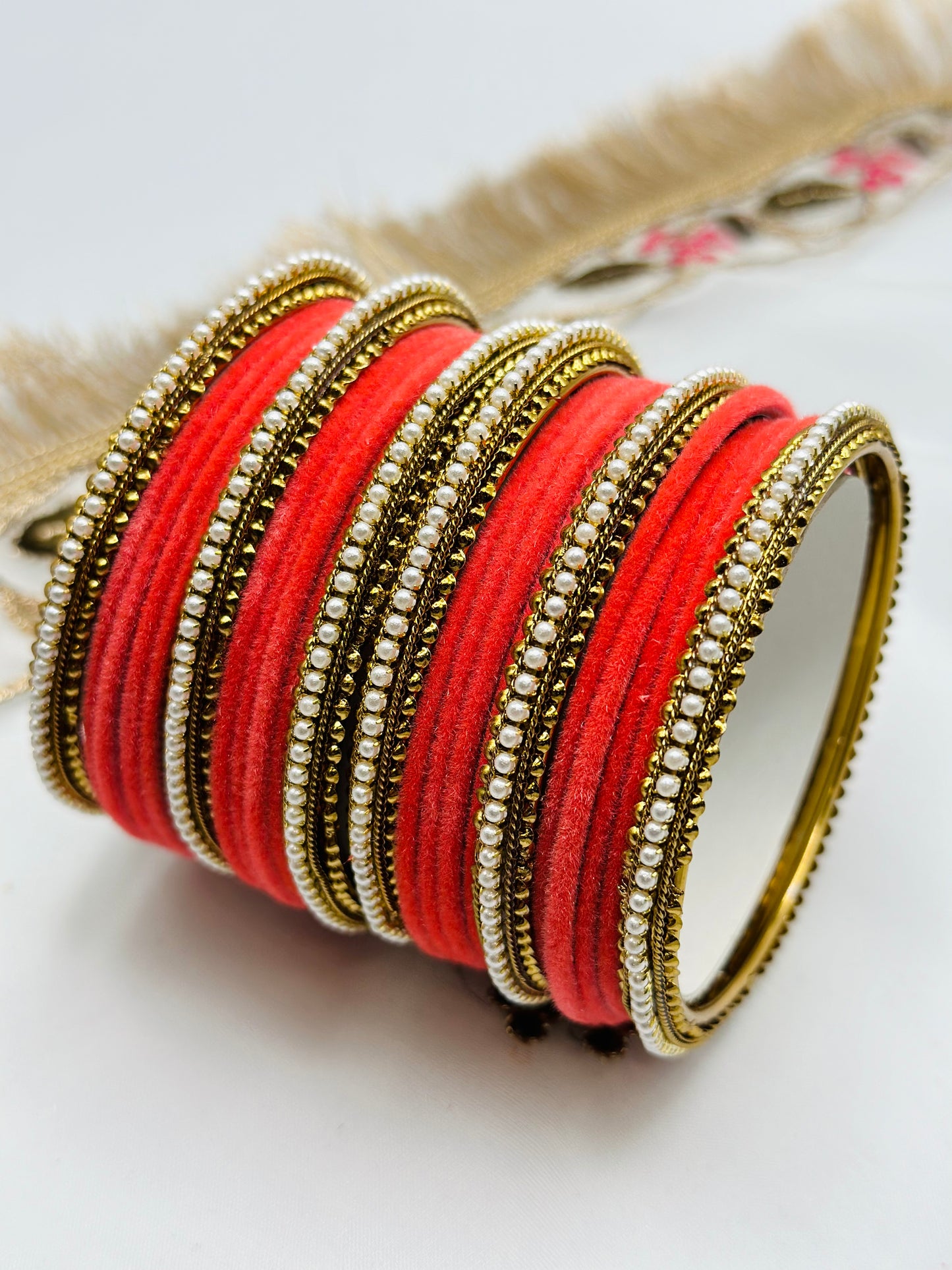 Peach Velvet Bangles With Six Polki Kadha Bangles | Simzdesignzz |