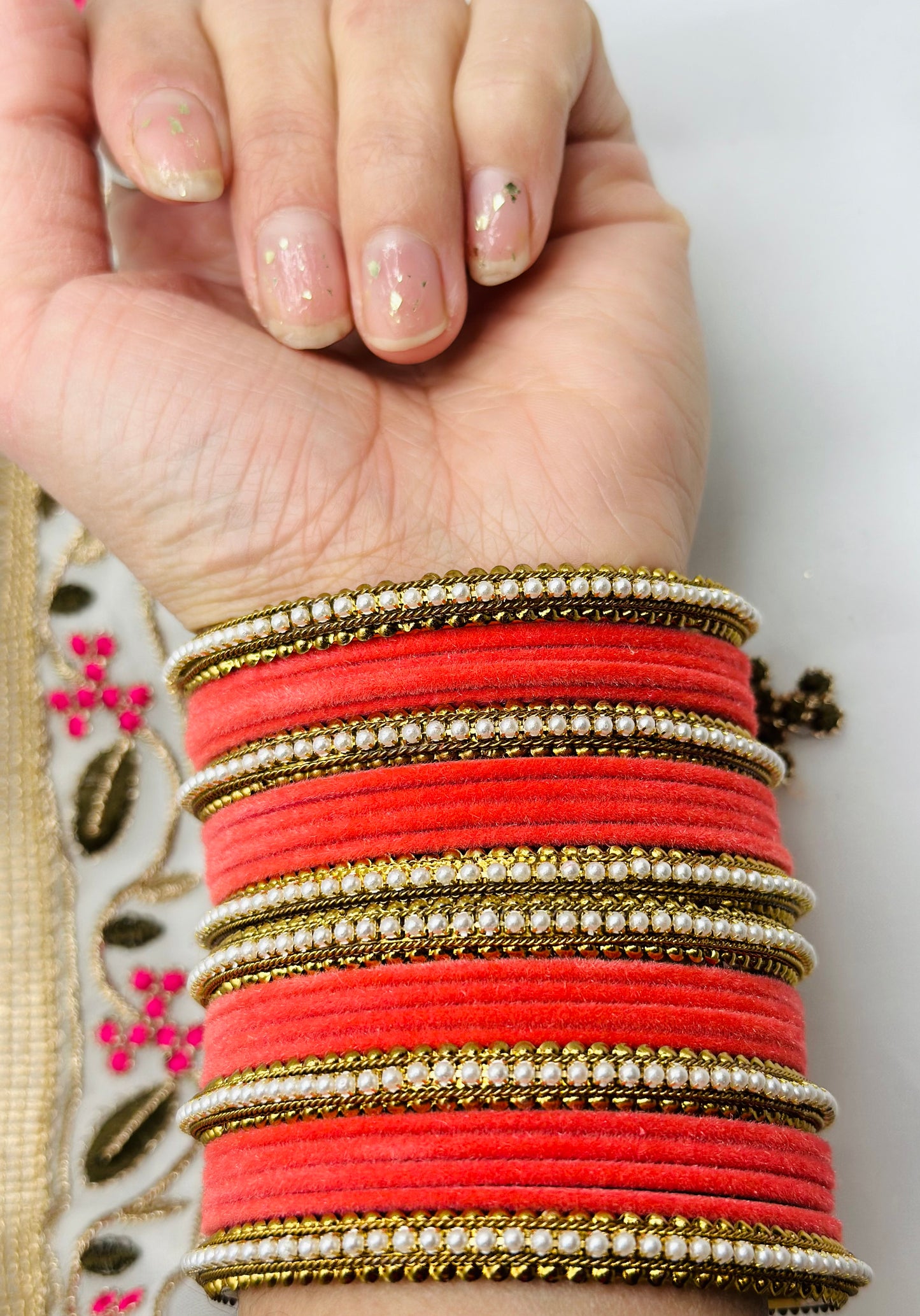 Peach Velvet Bangles With Six Polki Kadha Bangles | Simzdesignzz |