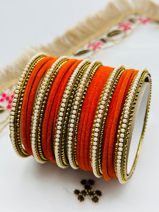 Orange Velvet Bangles With Six Polki Kadha Bangles | Simzdesignzz |