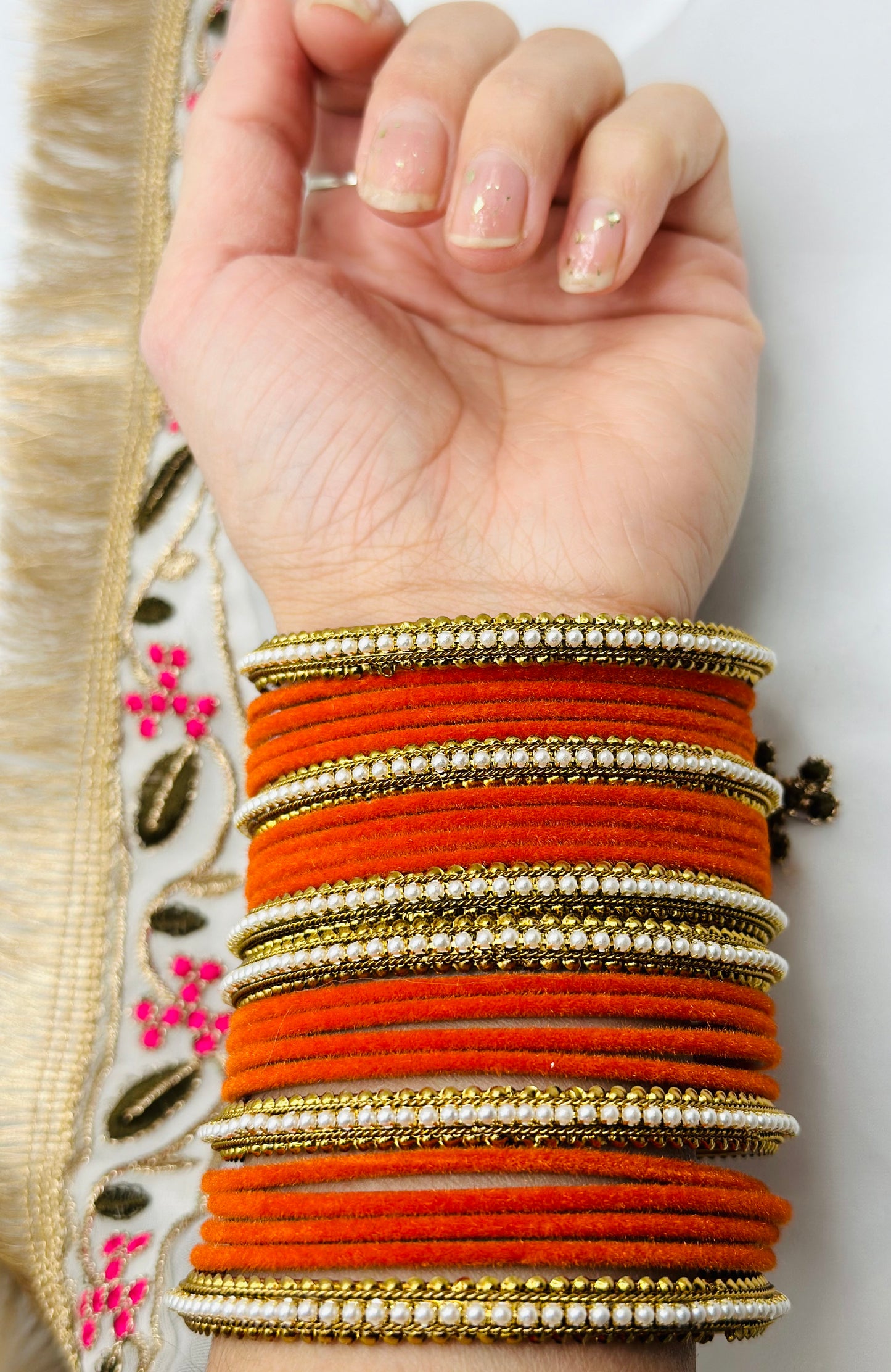 Orange Velvet Bangles With Six Polki Kadha Bangles | Simzdesignzz |