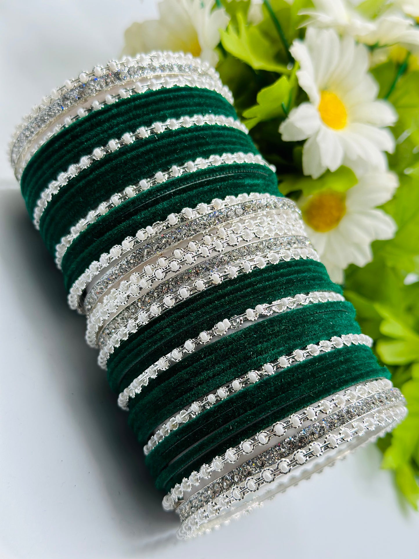 Bottle-Green Stone-Work Velvet Bangles | Simzdesignzz |