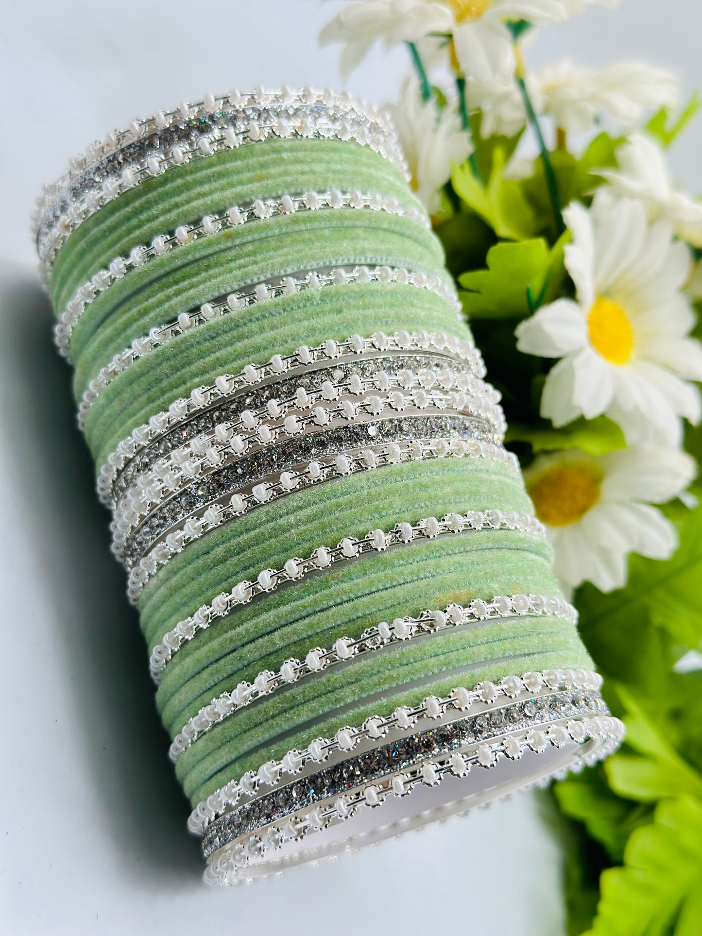 Mint Stone-Work Velvet Bangles | Simzdesignzz |