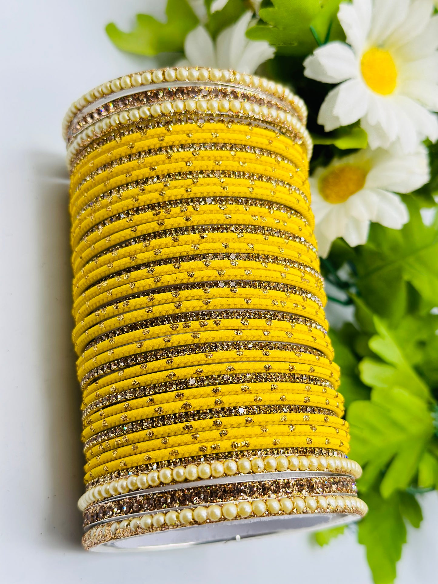 Yellow With Golden-Dotted Matte Bangles | Simzdesignzz |