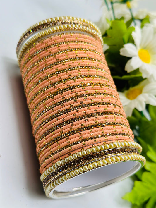 Peach With Golden-Dotted Matte Bangles | Simzdesignzz |