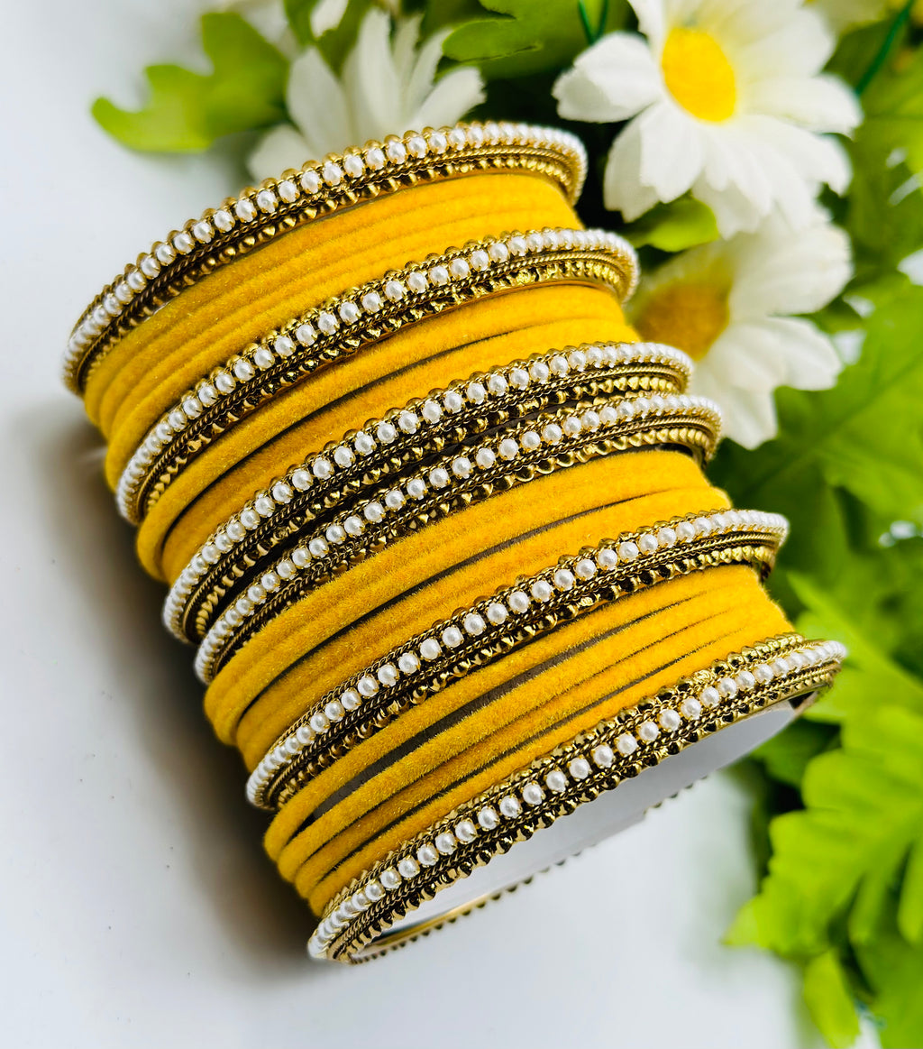 Yelllow Velvet Bangles With Six Polki Kadha Bangles | Simzdesignzz |