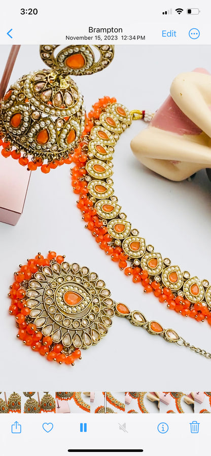 Orange Polki Necklace With Jhumki Tikka | Simzdesignzz |