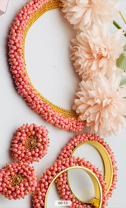 Peachy-Pink Necklace With Ring And Kangan| Simzdesignzz