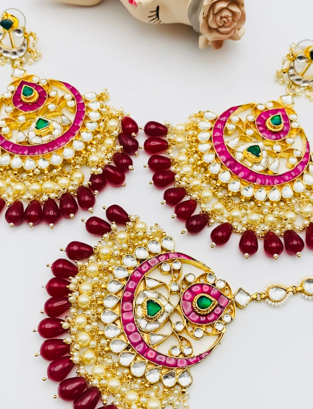 Maroon Pachi Kundan Earrings-Tikka Set | Simzdesignzz |