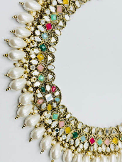 Multi Mirror Polki Necklace With Beautiful White Pearls | Simzdesignzz |