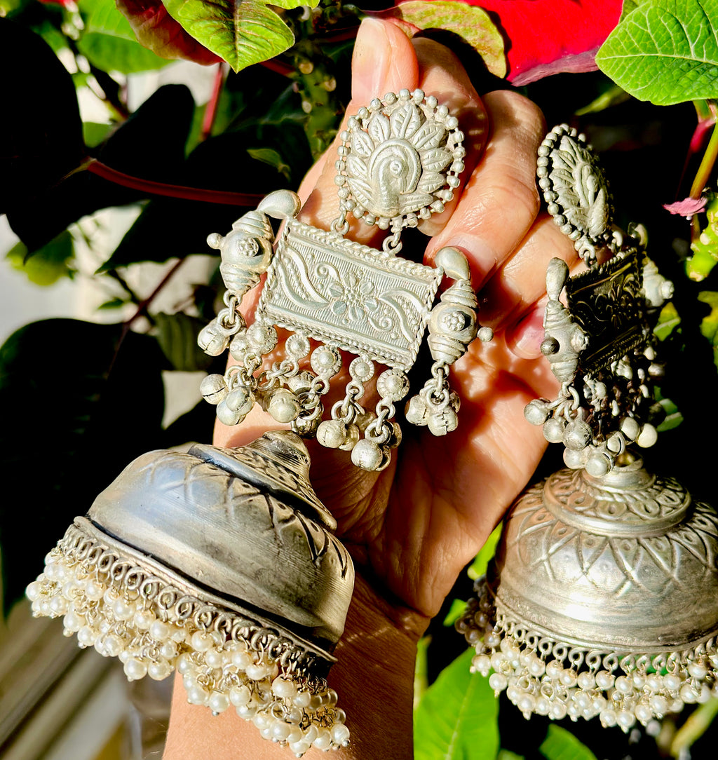 Silver Oversized Oxidized Jhumki Earrings | Simzdesignzz |