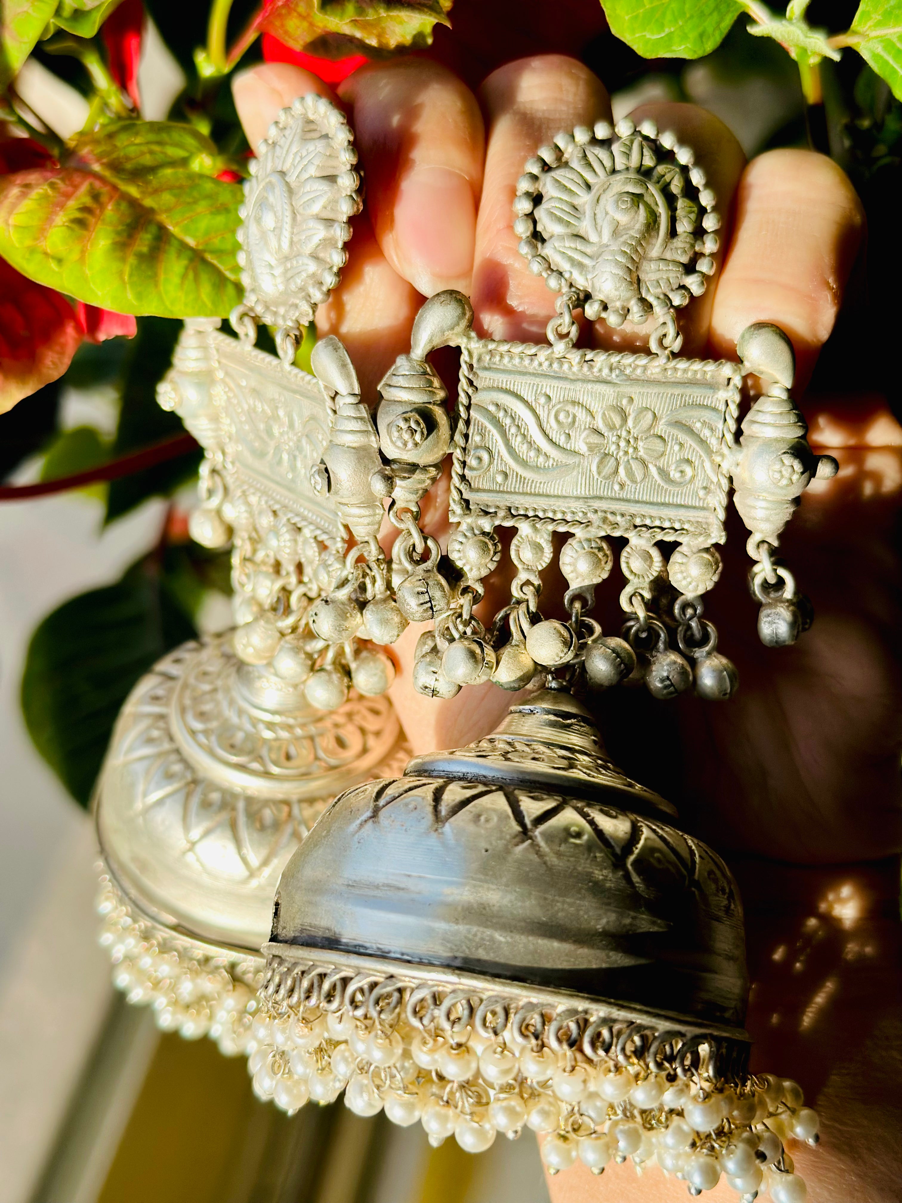 Silver Oversized Oxidized Jhumki Earrings | Simzdesignzz |
