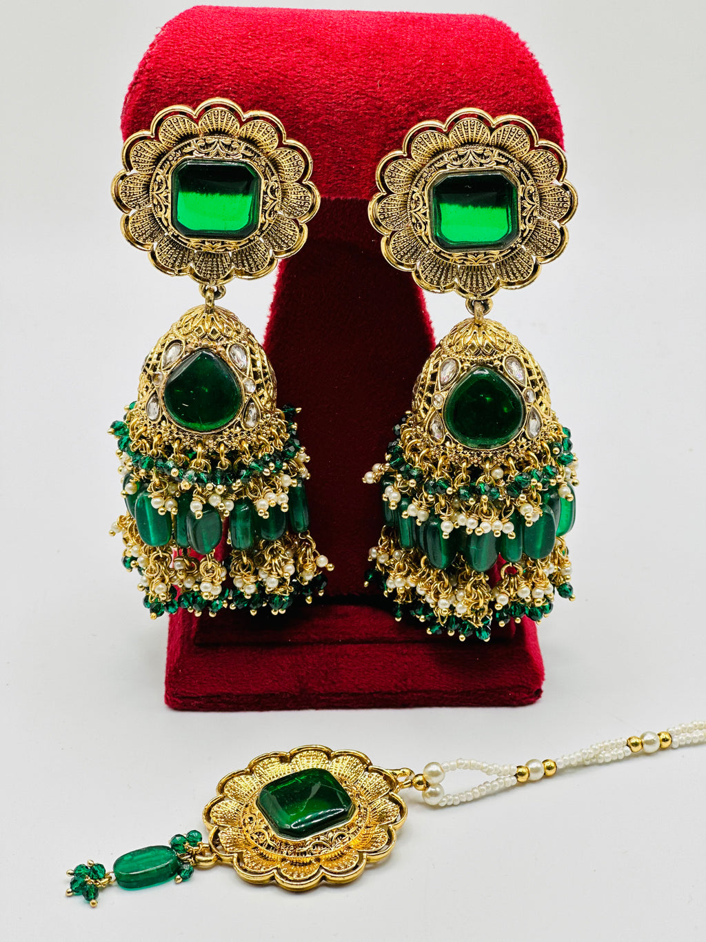 Bottle-Green Oversized Jhumki Earrings With Small Tikka | Simzdesignzz |
