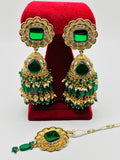 Bottle-Green Oversized Jhumki Earrings With Small Tikka | Simzdesignzz |