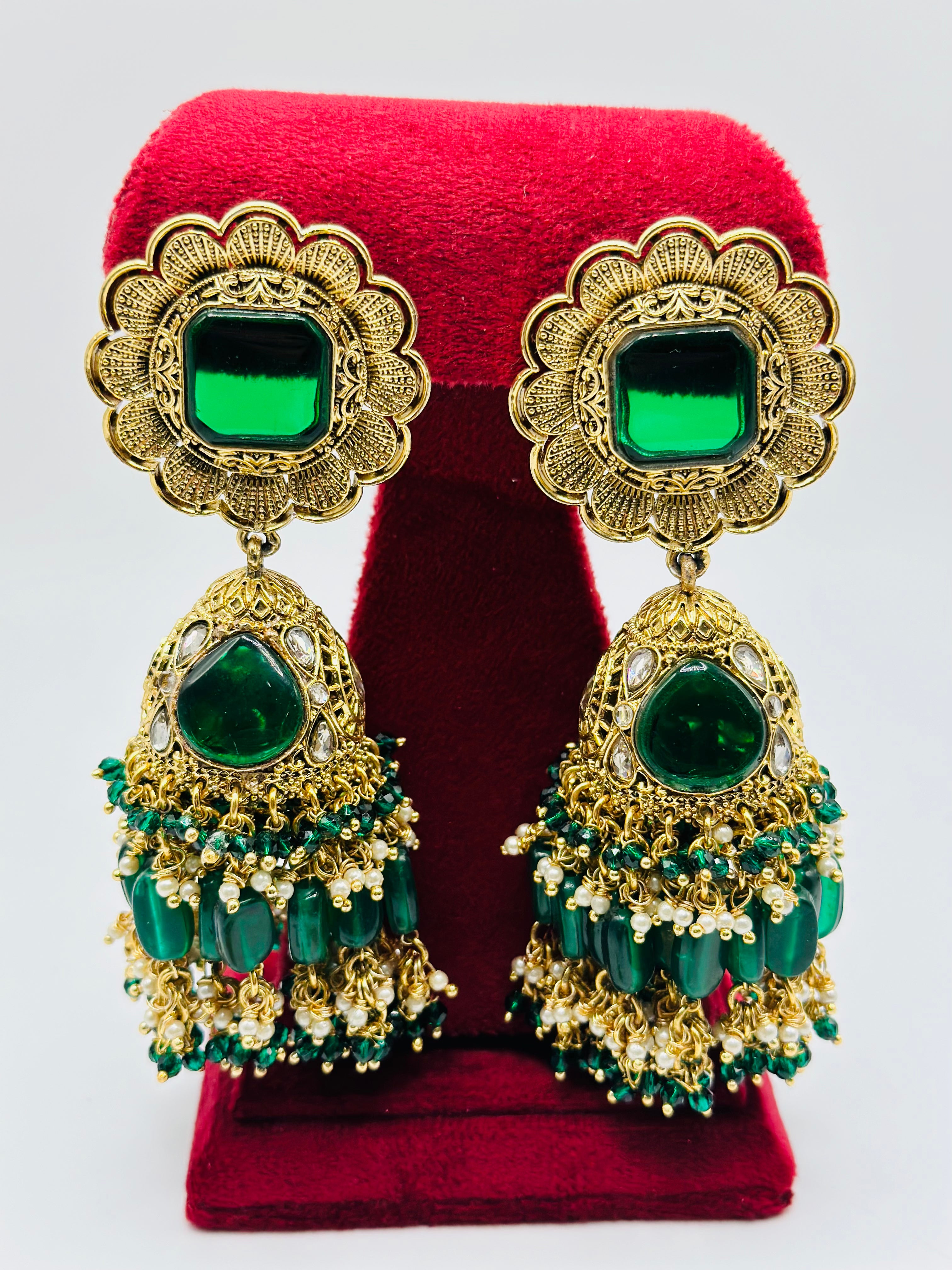 Bottle-Green Oversized Jhumki Earrings With Small Tikka | Simzdesignzz |