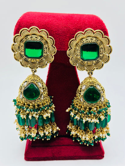Bottle-Green Oversized Jhumki Earrings With Small Tikka | Simzdesignzz |