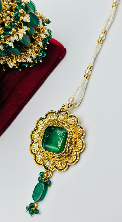 Bottle-Green Oversized Jhumki Earrings With Small Tikka | Simzdesignzz |