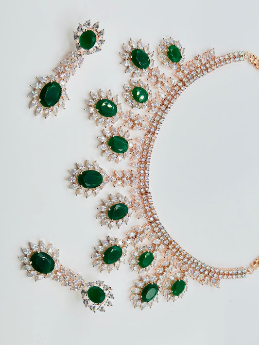 Bottle-Green American Diamond Necklace Set | Simzdesignzz |