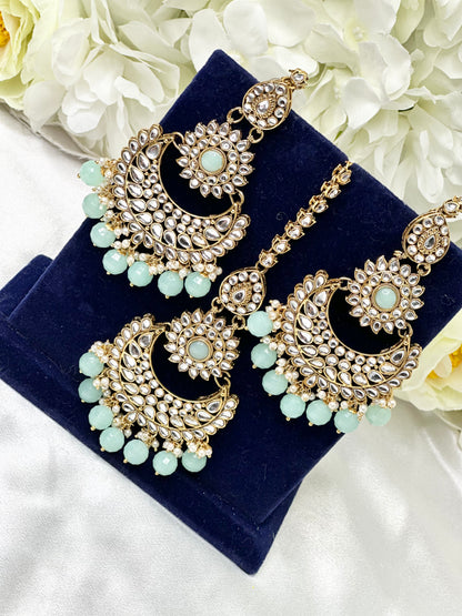 Oversized-Kundan Saharay Earrings Tikka Set | Lightweight | Simzdesignz |