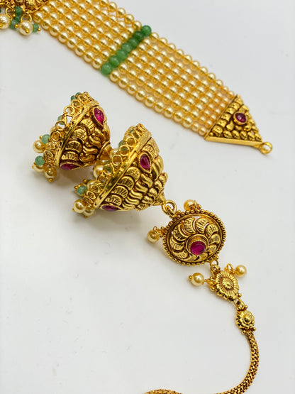 Ruhi Gold-Plated Jhumki Necklace Set With Tikka | 2GM | Simzdesignzz |