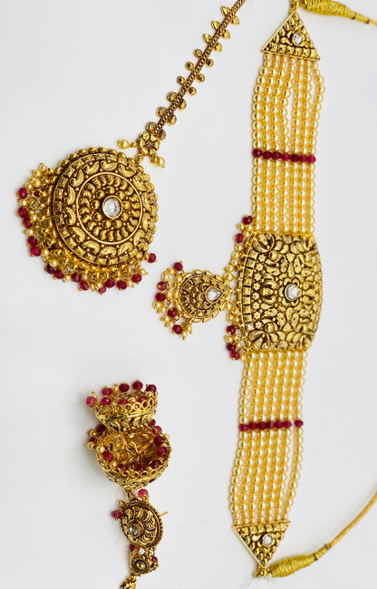 Ruhi Gold-Plated Jhumki Necklace Set With Tikka | 2GM | Simzdesignzz |