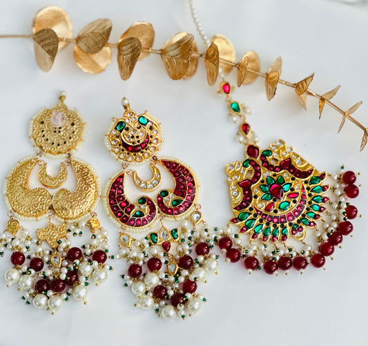 High Quality Thappa Kundan Long Earrings With Oversized Tikka | Pakistani Jewellery | Simzdesignz |