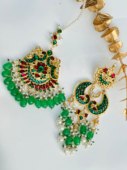 High Quality Thappa Kundan Long Earrings With Oversized Tikka | Pakistani Jewellery | Simzdesignz |