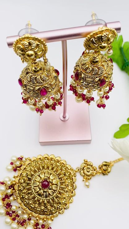 Handcrafted Gold-Plated Jhumki Earrings With Tikka | Simzdesignzz | 1GM