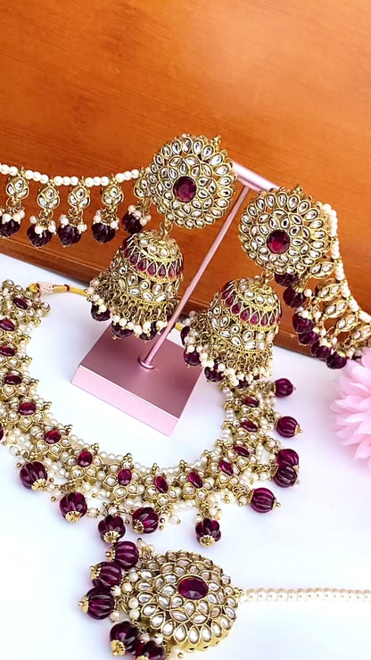 Elegant Polki Single Line Necklace Set  With Sahara Jhumki And Tikka  | SIMZDESIGNZ  |