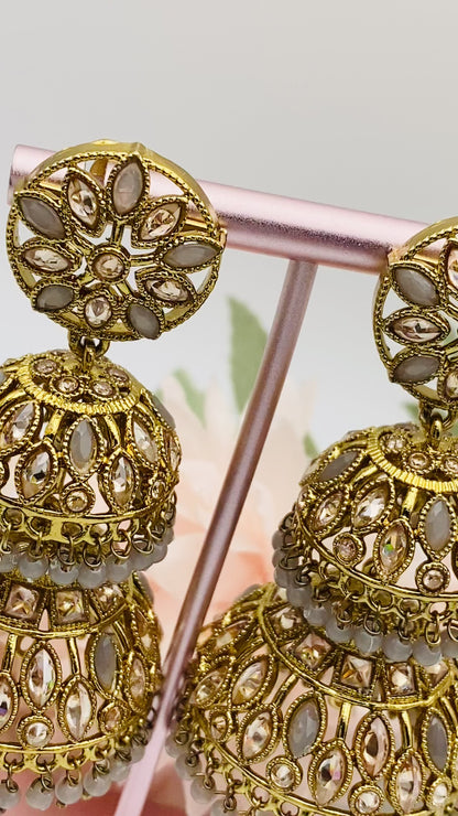 Grey Antique Double Polki Jhumki Earrings | Pakistani Jewellery | Punjabi Jewellery | Simzdesignzz |