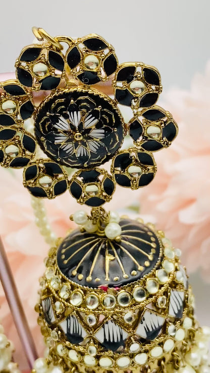 Black Meenakari Jhumki  Earrings   With White Pearls | Simzdesignzz |