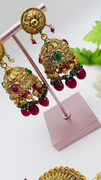 Handcrafted Gold-Plated Jhumki Earrings With Tikka | Simzdesignzz | 1GM